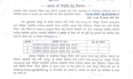 Jila Laghu Vanopaj Sahkari Union Maryadit Raigarh Ask to Apply Cg Forest Society Raigarh Recruitment 2022 Apply form 01 Society Manager Vacancy through
