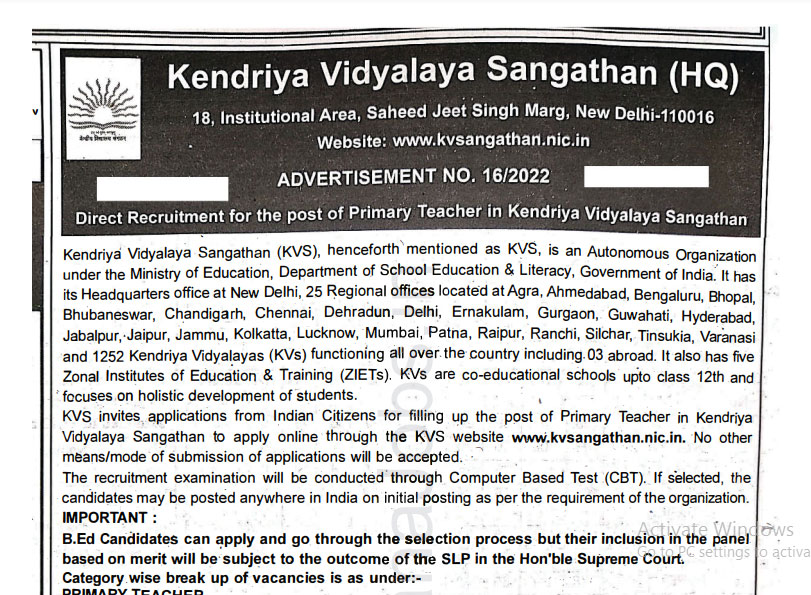Kendriya Vidyalaya Sangathan Recruitment Ask to Apply KVS Bharti 2022 for Teaching Vacancy Form through asktoapply.net latest govt job