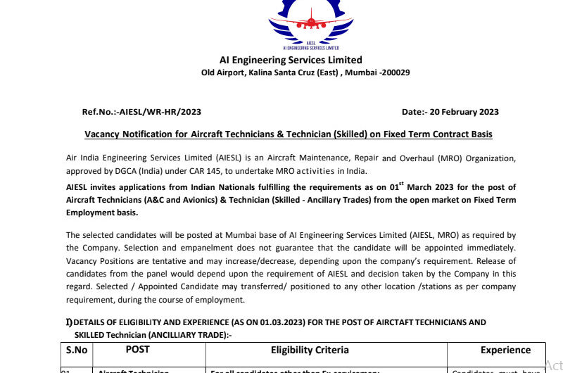 AIESL Bharti 2023 | एयर इंडिया इंजीनियरिंग सर्विसेस लिमिटेड भर्ती आज ही आवेदन करे