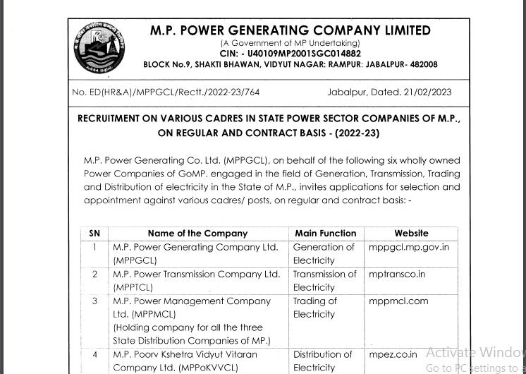 MPPGCL Bharti 2023 | मध्यप्रदेश बिजली विभाग भर्ती आज ही आवेदन करे